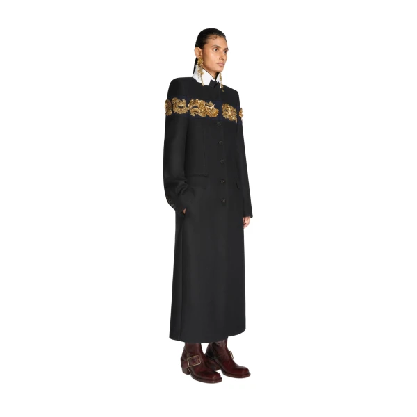 Embroidered belted wool coat in Black - Image 3