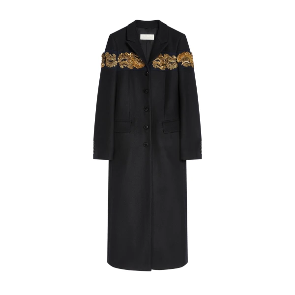Embroidered belted wool coat in Black
