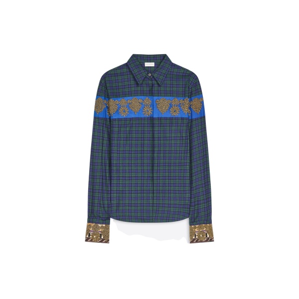 Dries Van Noten Embroidered cotton flannel shirt in Green | Tops | Coveti
