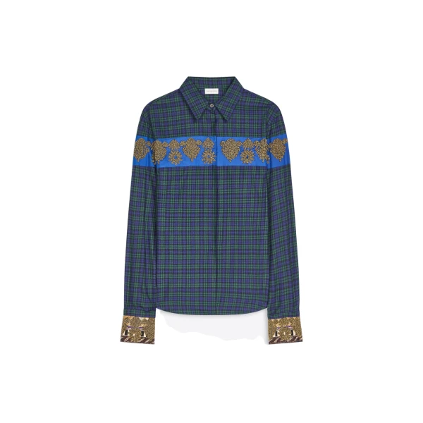 Dries Van Noten Embroidered cotton flannel shirt in Green | Tops | Coveti