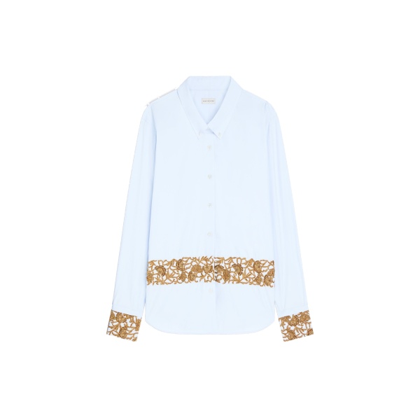 Dries Van Noten Embroidered cotton poplin shirt in Light Blue | Tops | Coveti