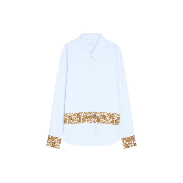 Dries Van Noten Embroidered cotton poplin shirt in Light Blue | Tops | Coveti