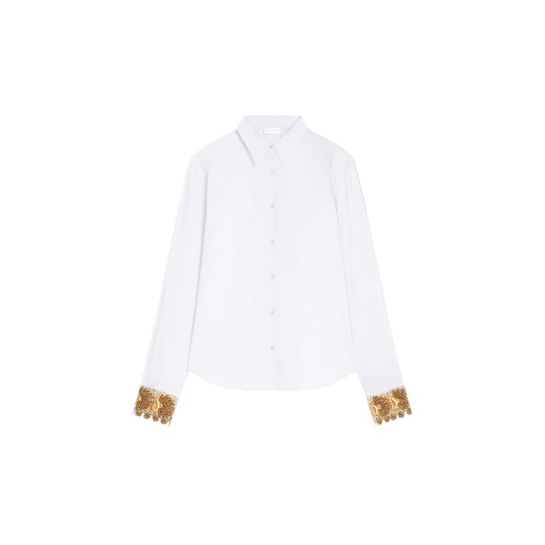 Dries Van Noten Embroidered cuff cotton poplin shirt in White | Tops | Coveti