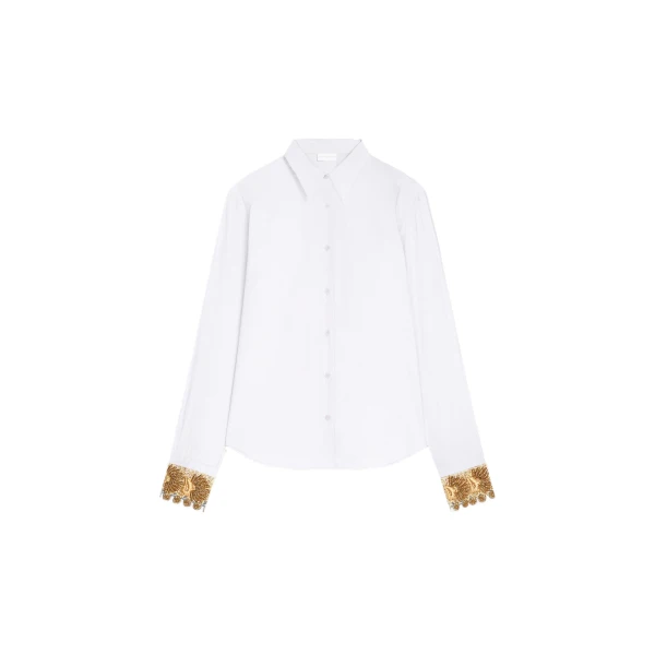 Dries Van Noten Embroidered cuff cotton poplin shirt in White | Tops | Coveti