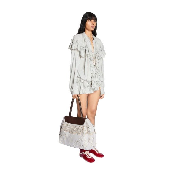 Embroidered shoulder bag in Light Grey - Image 6
