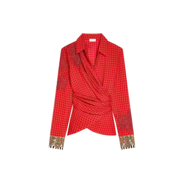 Dries Van Noten Embroidered wrap shirt in Red | Tops | Coveti