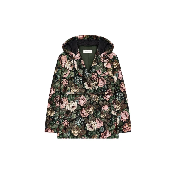 Hooded floral peacoat in Black