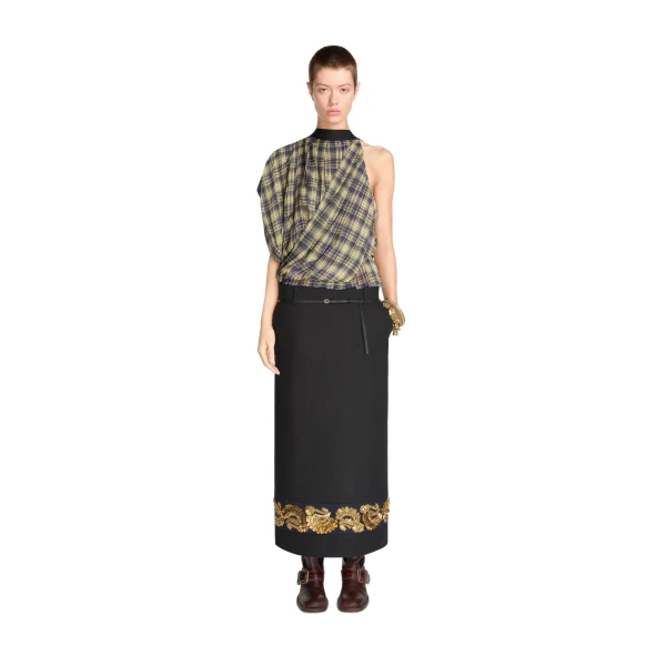 Long embroidered wool skirt in Black - Image 2