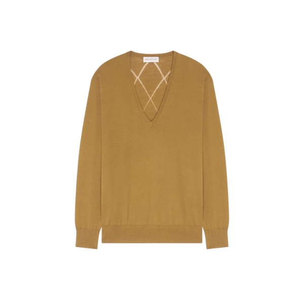 Dries Van Noten V neck merino sweater in Khaki | Knitwear | Coveti