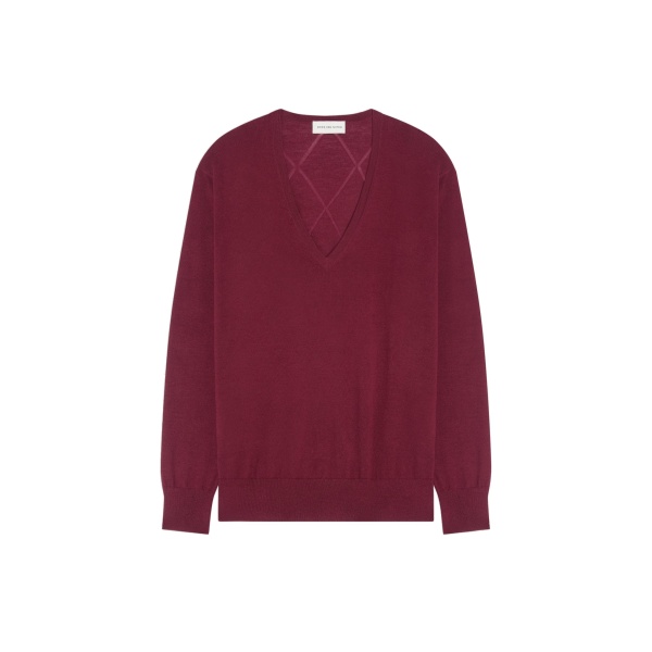 Dries Van Noten V neck merino sweater in Wine | Knitwear | Coveti