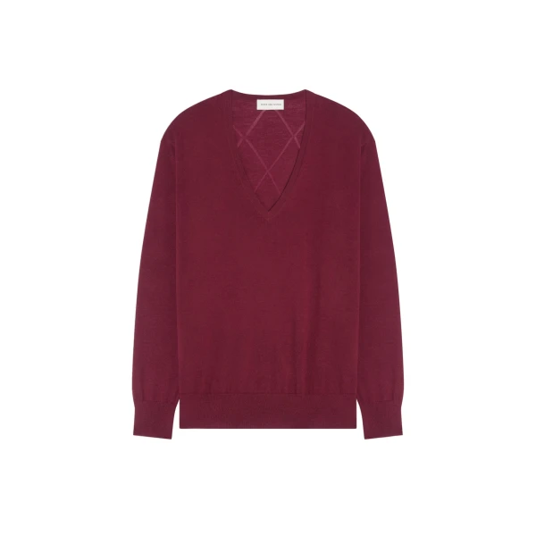 Dries Van Noten V neck merino sweater in Wine | Knitwear | Coveti