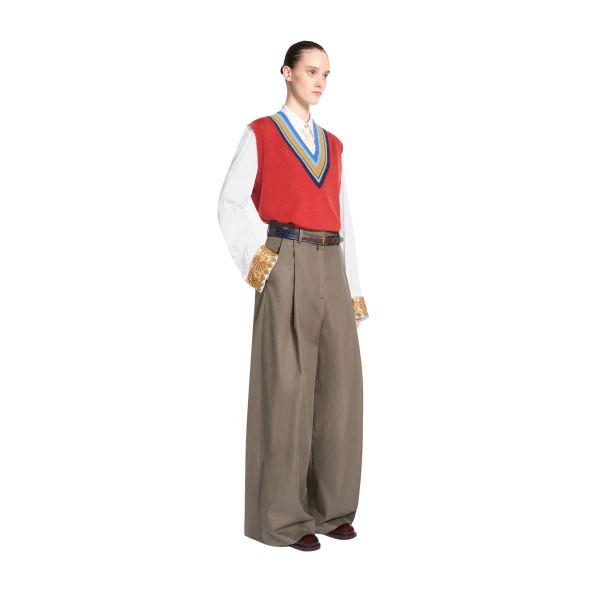 Wide pleated cotton pants in Khaki - Image 3