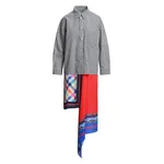 Black and off-white striped shirt dress with red and multicolor scarf hem