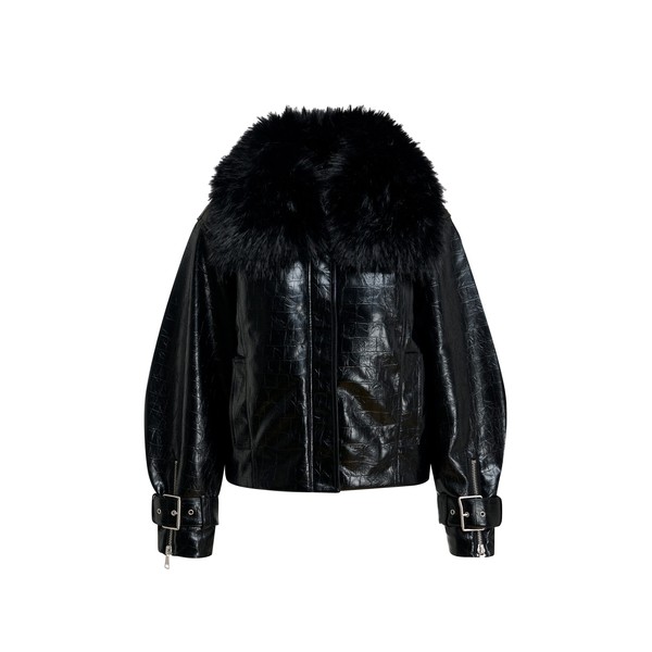 Black faux leather jacket with faux fur collar
