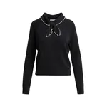 Black wool-cashmere sweater with pearl-embellished bow collar