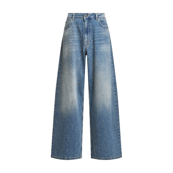 Blue rhinestone-embellished wide-leg jeans