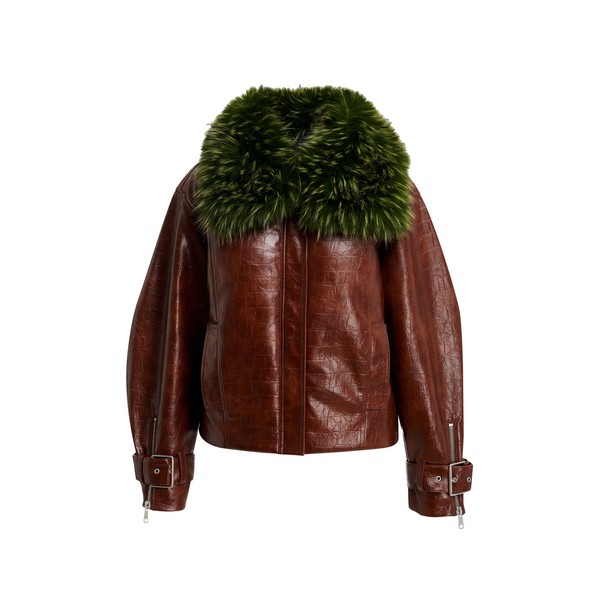 Brown faux leather jacket with green faux fur collar