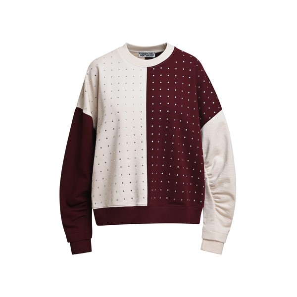 Burgundy and off-white rhinestone-embellished color-block sweatshirt