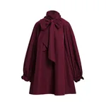 Burgundy oversized A-line mini dress with pussy-bow neckline