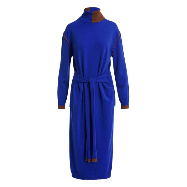 Cobalt-blue and brown wool-blend turtleneck midi dress with sleeve ties at the waist