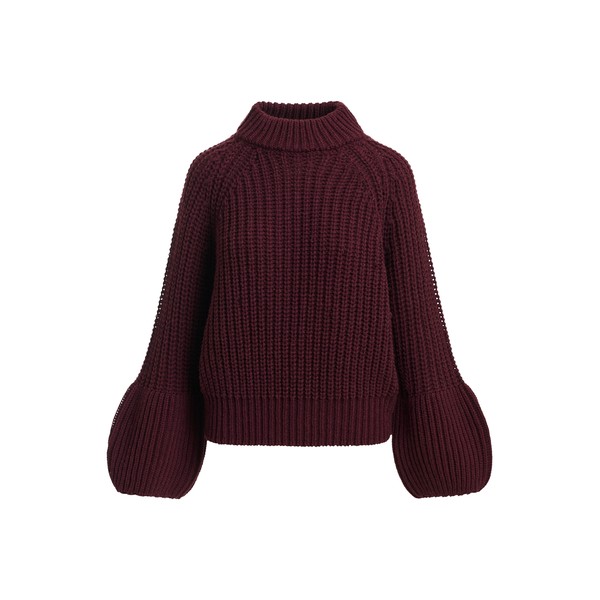 Dark burgundy chunky turtleneck sweater with voluminous sleeves