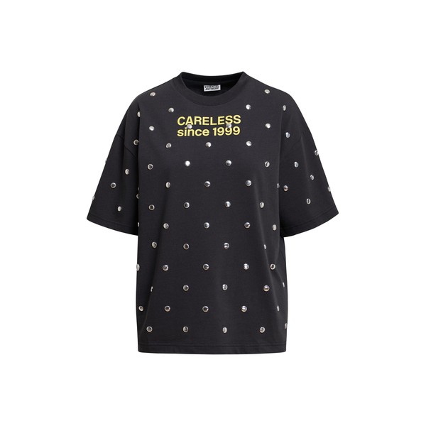 Dark grey and yellow stud-embellished slogan T-shirt