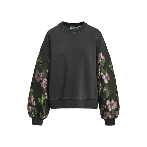Dark grey, khaki and light pink floral jacquard-sleeve sweatshirt