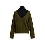 Khaki V-neck wool-blend sweater with black contrasting trims
