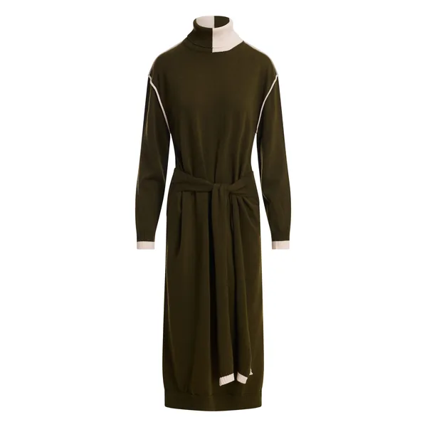 Khaki and off-white wool-blend turtleneck midi dress with sleeve ties at the waist