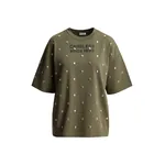 Khaki slogan-print cotton T-shirt with stud embellishments