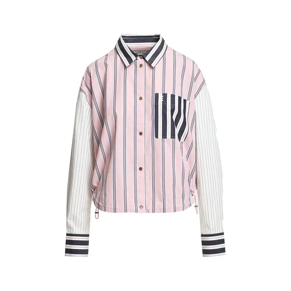 Light pink, off-white and dark grey patchwork striped cropped shirt