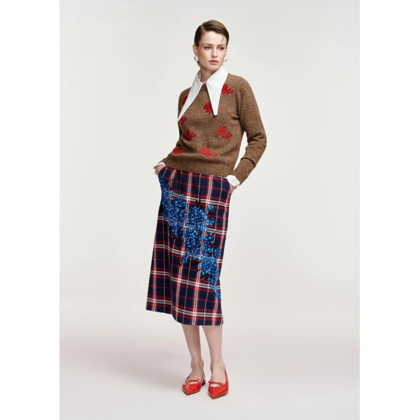 red and off-white checked sequin-embellished midi skirt