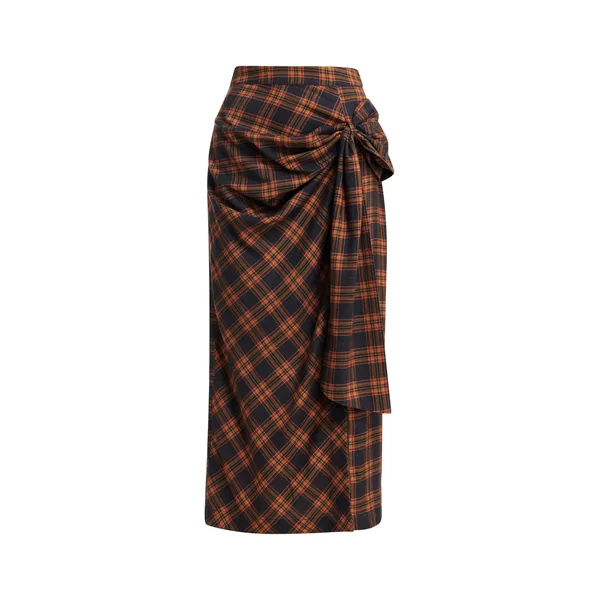 Navy, red and orange checked draped midi skirt