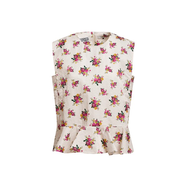 Off-white and multicolor sleeveless floral ruffle-detail top