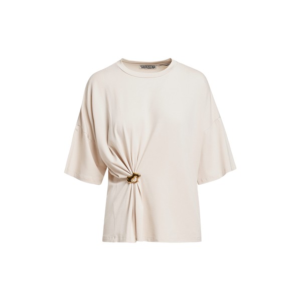 Off-white draped T-shirt with removable gold brooch