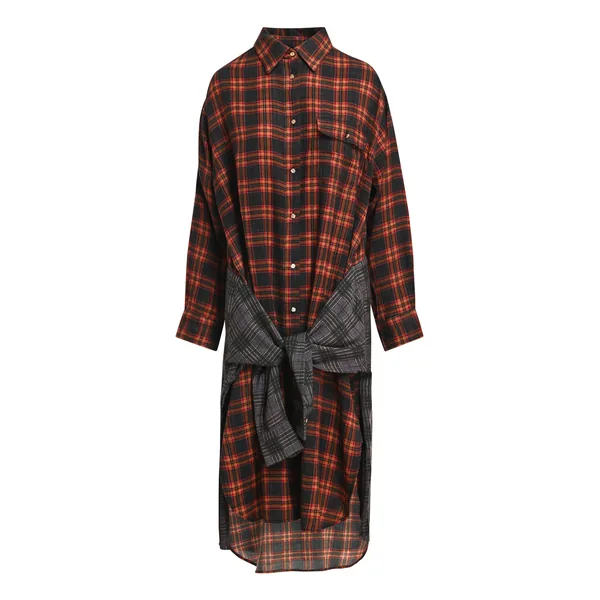 Orange, black and brown checked oversized shirt dress with sleeves tied at the waist