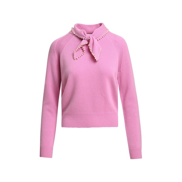 Pink wool-cashmere sweater with pearl-embellished bow collar
