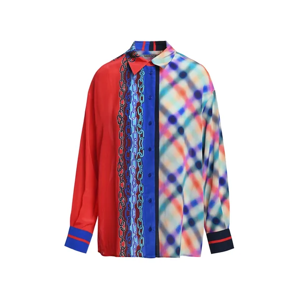 Red, blue and multicolor mixed-print oversized shirt