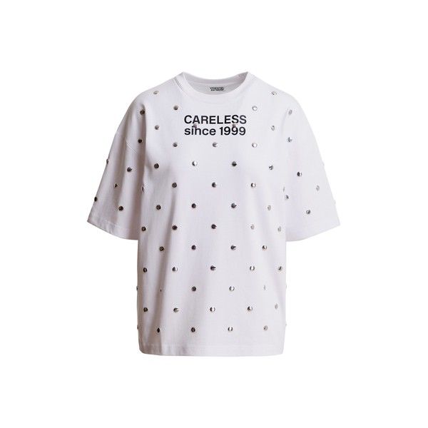 White and black slogan-print cotton T-shirt with stud embellishments