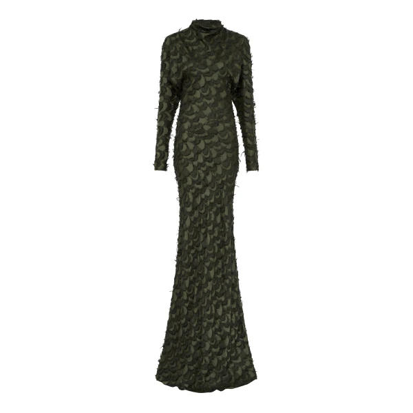 Aberdeen Dress in Deep Olive Silk Wool Fil Coupé