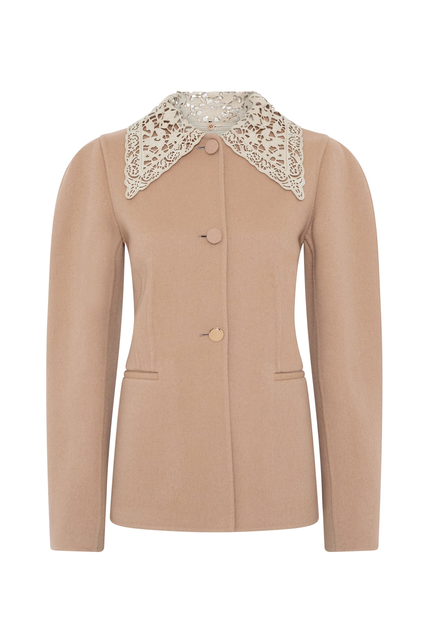 Gabriela Hearst Daelan Jacket in Camel Double-face Recycled Cashmere with Suede Lace Collar gabriela hearst collar