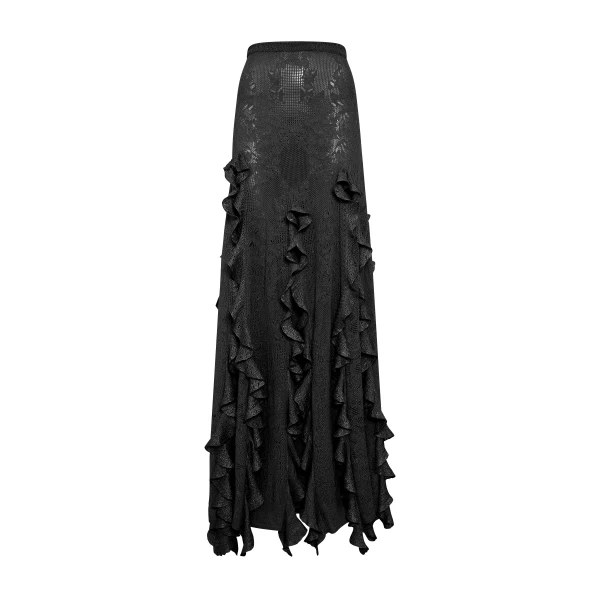 Garnet Pointelle Knit Lace Skirt in Black Silk Merino Wool with Custom Ruffles
