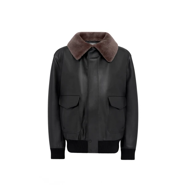 Grant Bomber Jacket in Black Leather with Shearling Collar
