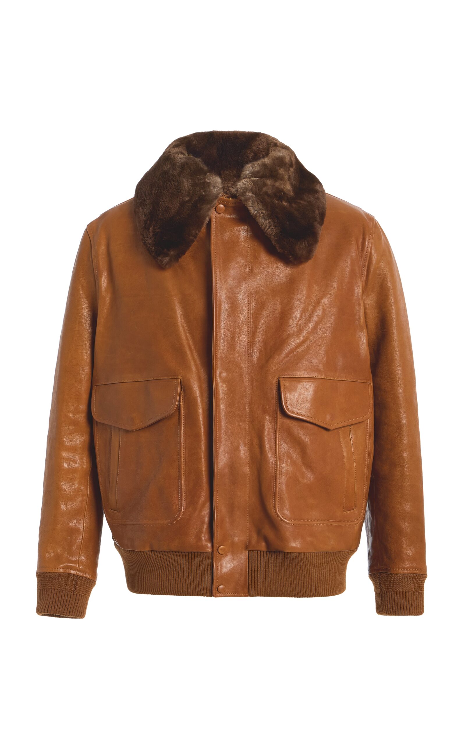 Gabriela Hearst Grant Bomber Jacket in Cognac Vachetta Leather with Recycled Beaver Fur Collar gabriela hearst collar