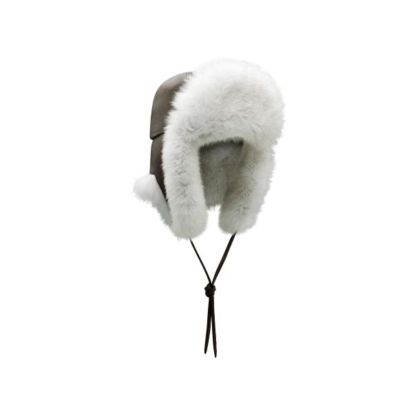Karina Hat in Chocolate Textured Leather & Ivory Recycled Arctic Fox Fur