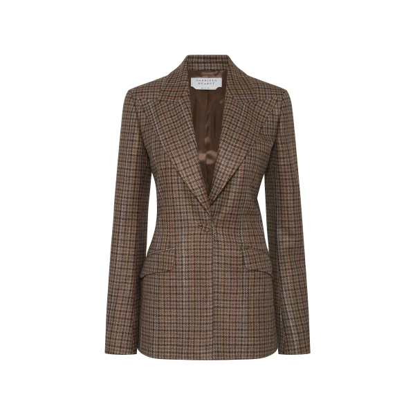 Leiva Blazer in Camel Multi Wool Silk Houndstooth