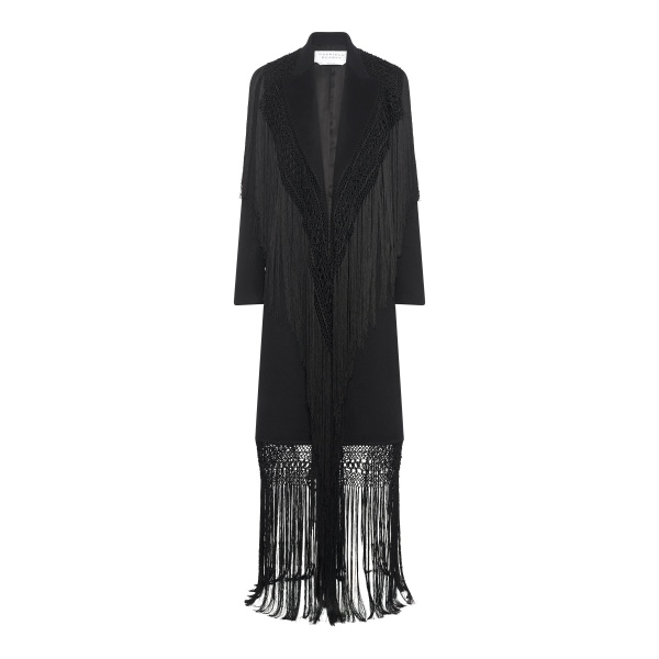 Mcaffrey Fringe Coat in Black Double-face Recycled Cashmere with Silk Macrame
