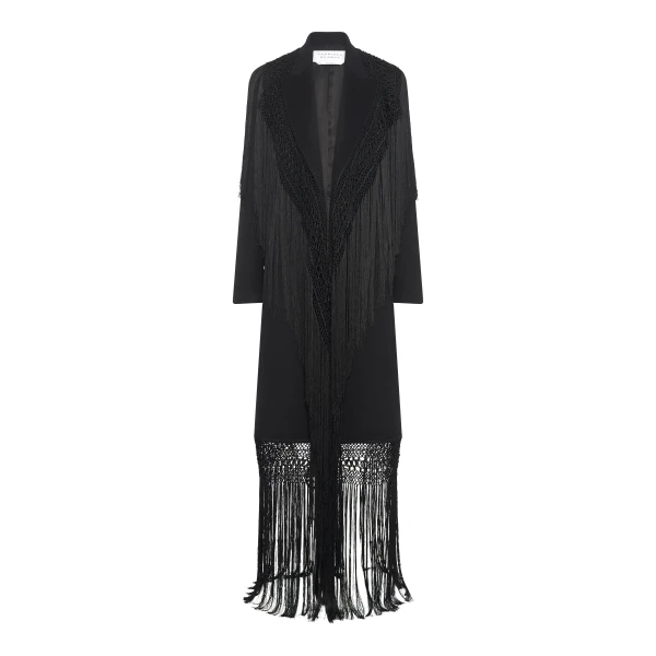 Mcaffrey Fringe Coat in Black Double-face Recycled Cashmere with Silk Macrame