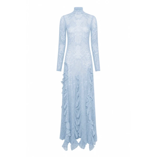 Solway Pointelle Knit Lace Dress in Light Blue Silk Merino Wool with Custom Ruffles
