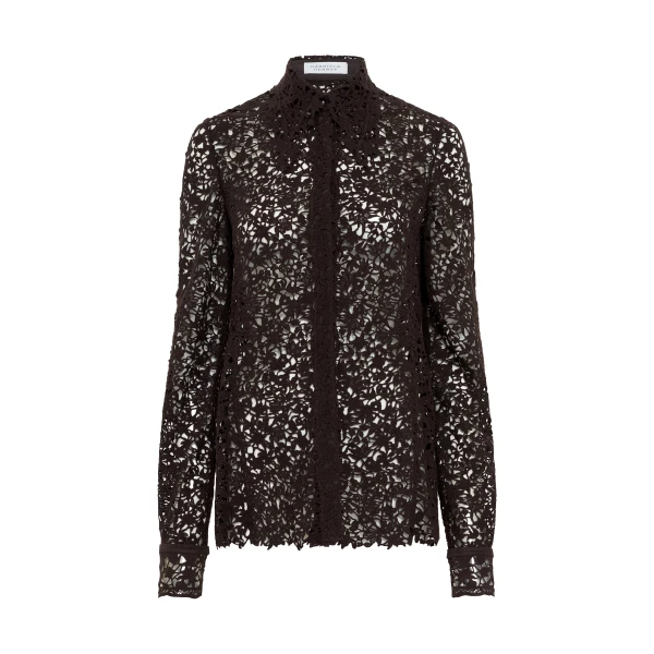 Vera Shirt in Chocolate Floral Cashmere Lace with Suede Lace Cuffs